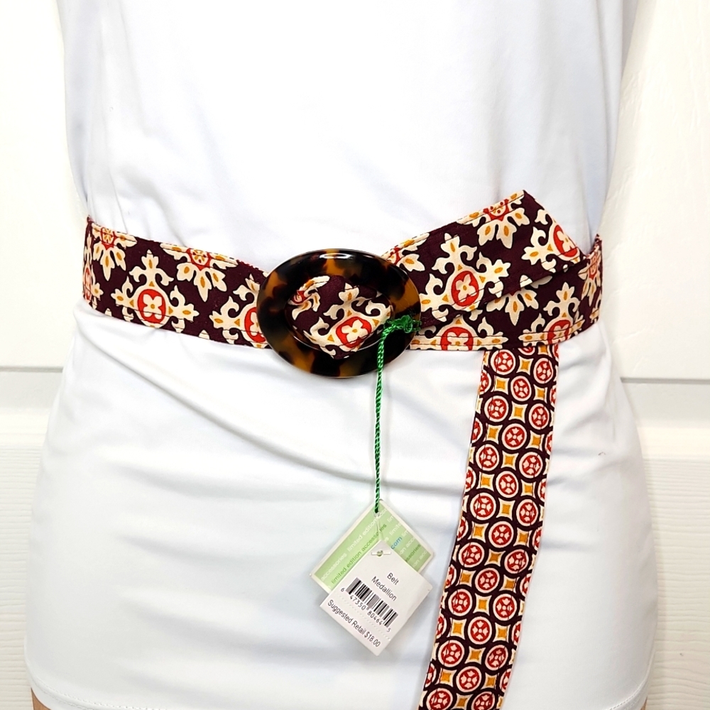 Vera Bradley Medallion ribbon belt reversible fabric belt tortoise buckle